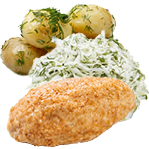 Куриная котлета с зеленью и отварной картофель с салатом из капусты